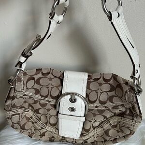 Coach Soho Signature Flap Bag Khaki White‎ Leather Trim 10603 Shoulder Bag
